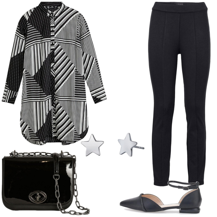Outfit donna - Maxi camicia. Stile Casual chic per Serata fuori. Abbinamento con treggings, camicie, orecchini, ballerine, borse a tracolla.