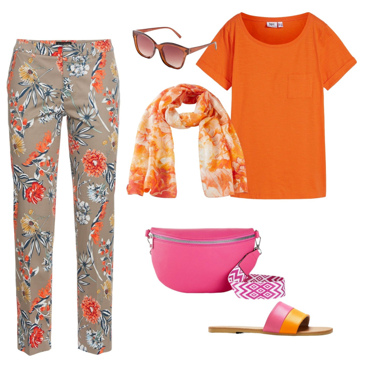 Outfit donna - Arancio e Fucsia. Stile Casual chic per Tutti i giorni. Abbinamento con pantaloni, ciabatte, t-shirt, marsupi, sciarpe, occhiali da sole.