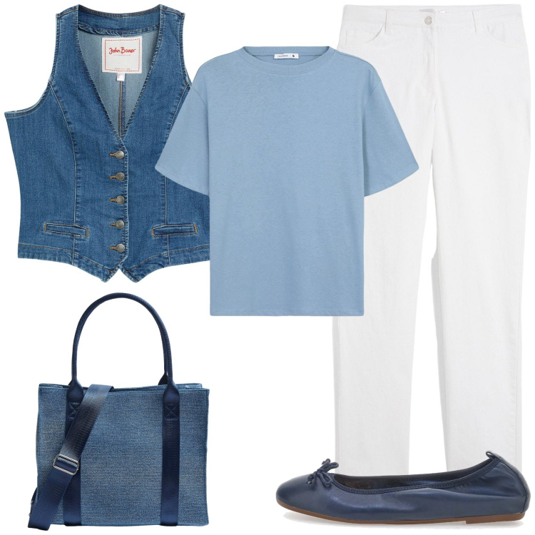 Outfit donna - City. Stile Casual per Tutti i giorni. Abbinamento con pantaloni, gilet, shopping bag, t-shirt, ballerine.