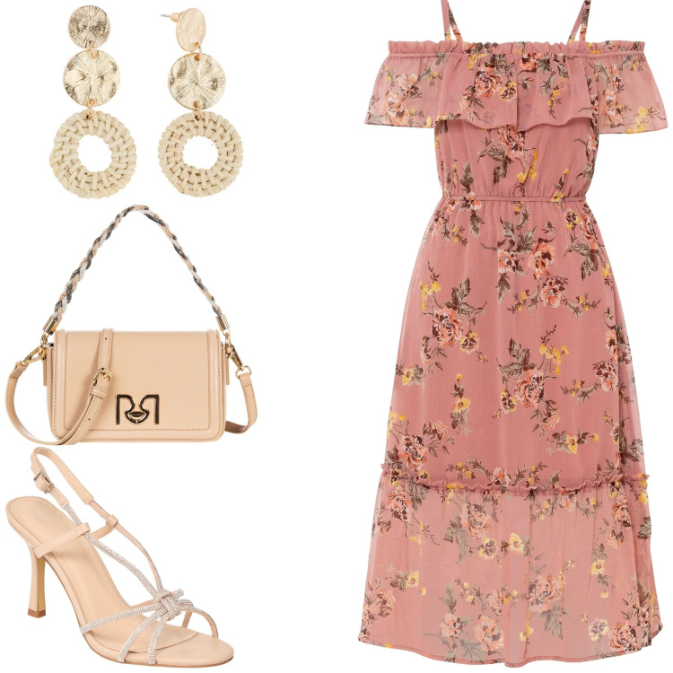 Outfit donna - Fuori di primavera. Stile Romantica per Cerimonia. Abbinamento con orecchini, vestiti, sandali col tacco, borse a tracolla.