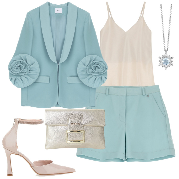 Outfit donna - Menta. Stile Trendy per Tutti i giorni. Abbinamento con collane, pochette, shorts, blazer, top, décolleté.