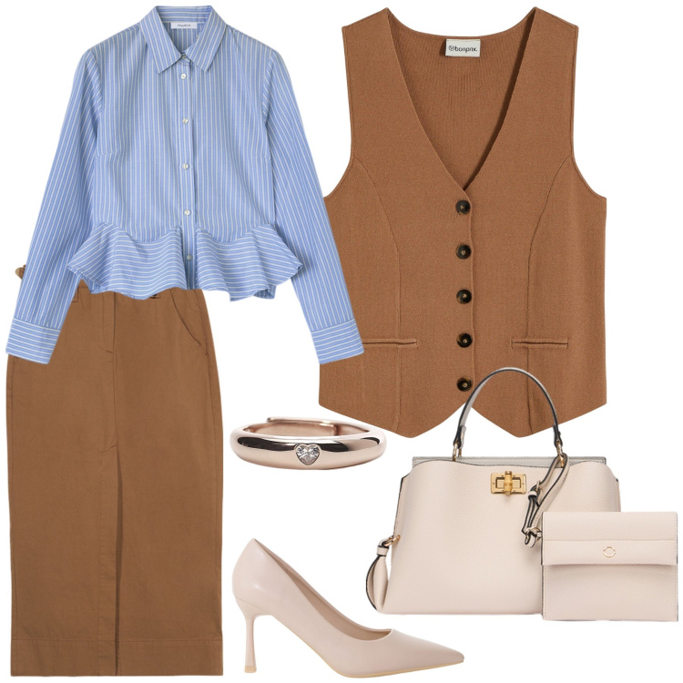 Outfit donna - Eleganza discreta. Stile Glamour per Ufficio. Abbinamento con maglieria, anelli, décolleté, borse a mano, camicie, gonne.