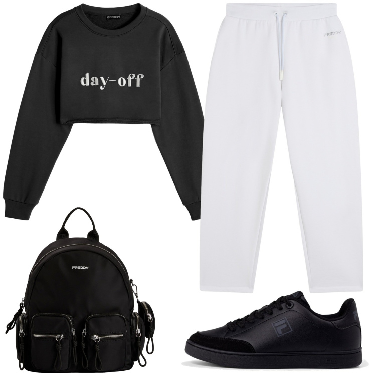 Outfit donna - Vado in palestra. Stile Basic per Sport. Abbinamento con pantaloni sportivi, felpe, zaini, sneakers.
