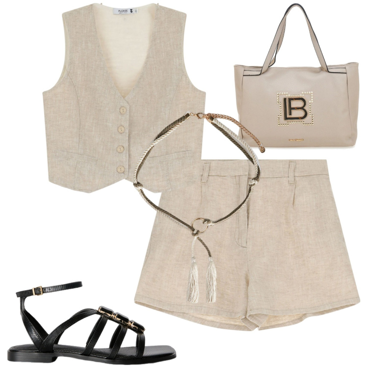 Outfit donna - City. Stile Trendy per Tutti i giorni. Abbinamento con gilet, pantaloni corti, borse a spalla, top, sandali gioiello, cinture.