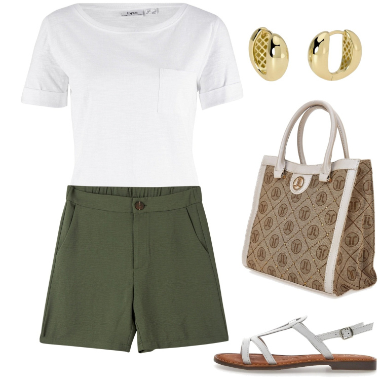 Outfit donna - Easy. Stile Casual per Tutti i giorni. Abbinamento con t-shirt, bermuda, orecchini, sandali in pelle, borse a spalla.