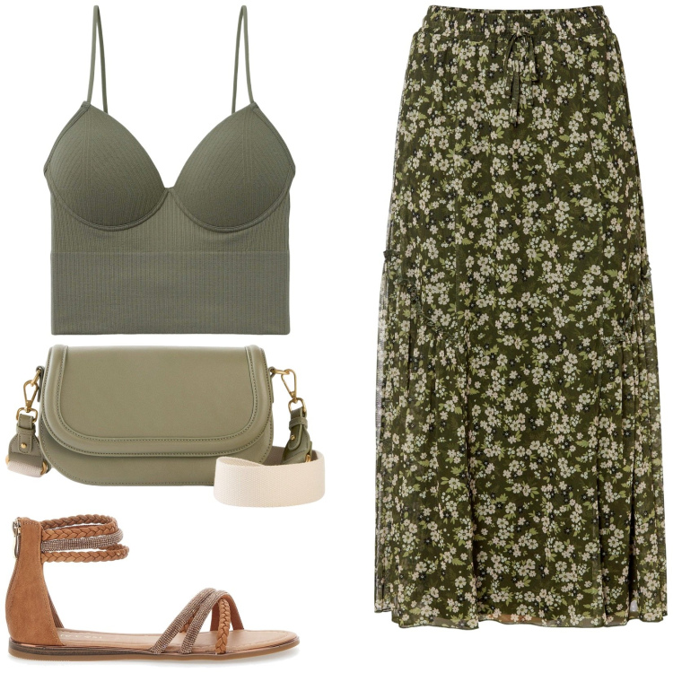 Outfit donna - Fiorellini. Stile Romantica per Tutti i giorni. Abbinamento con gonne, borse a tracolla, top, sandali.