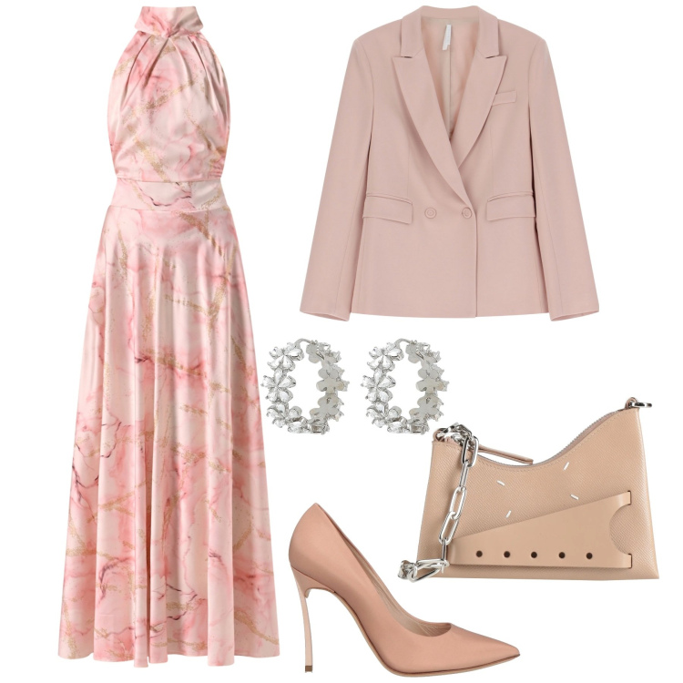 Outfit donna - Cerimonia in Rosa. Stile Romantica per Cerimonia. Abbinamento con orecchini, borse a tracolla, décolleté, vestiti, blazer.