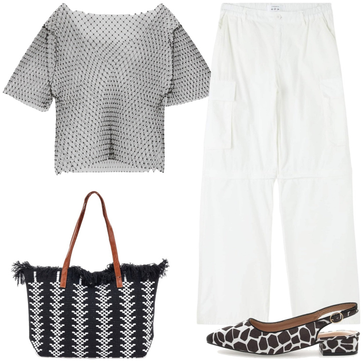 Outfit donna - Mix and match. Stile Casual per Tutti i giorni. Abbinamento con pantaloni cargo, t-shirt, borse a spalla, ballerine.