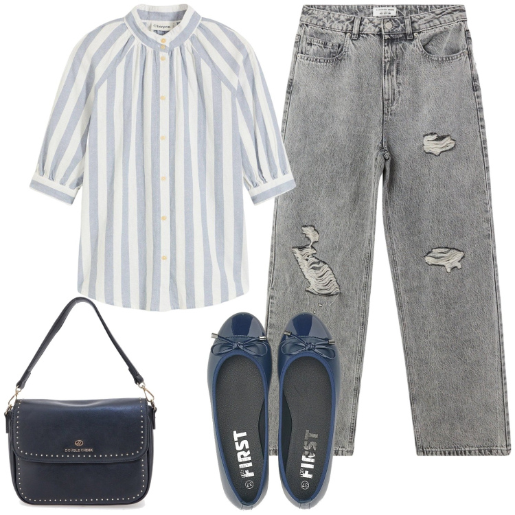 Outfit donna - Urban style. Stile Urban per Tutti i giorni. Abbinamento con camicie, jeans strappati, borse a tracolla, ballerine.