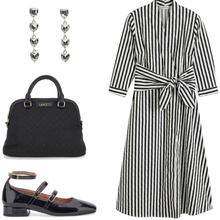 Outfit donna - Bon ton style. Stile Bon Ton per Tutti i giorni. Abbinamento con vestiti midi/longuette, orecchini, borse a spalla, ballerine.