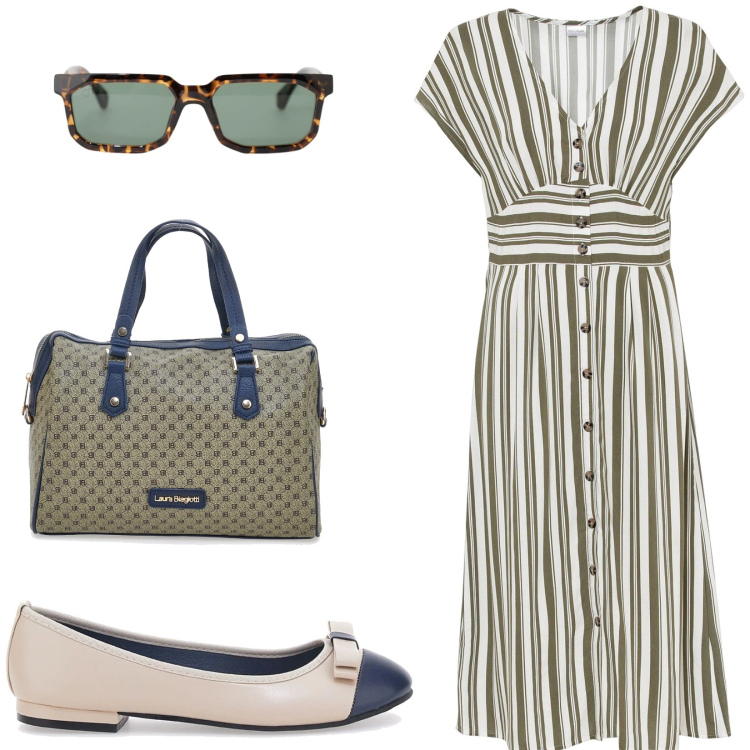 Outfit donna - Miss. Stile Casual chic per Tutti i giorni. Abbinamento con vestiti, occhiali da sole, borse a spalla, ballerine.