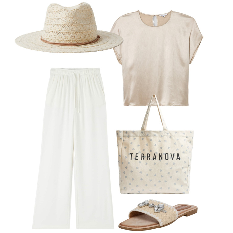 Outfit donna - Lino al mare Terranova. Stile Basic per Mare. Abbinamento con bluse, pantaloni, ciabatte, shopping bag, cappelli.