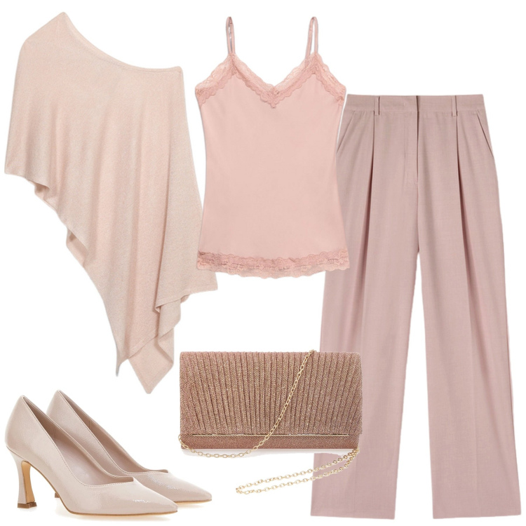 Outfit donna - Cerimonia in primavera. Stile Bon Ton per Cerimonia. Abbinamento con décolleté, pantaloni a palazzo, top, bolero, pochette.
