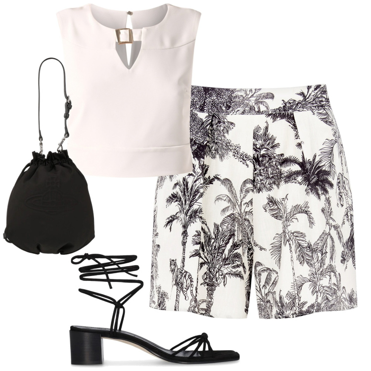 Outfit donna - City. Stile Urban per Tutti i giorni. Abbinamento con borse a secchiello, top, shorts, sandali in pelle.