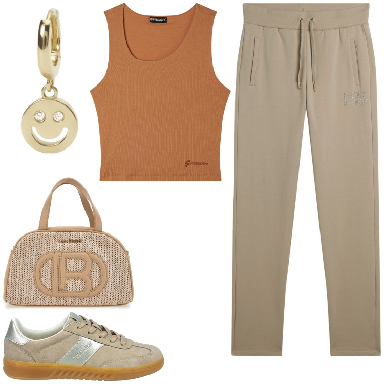 Outfit donna - Sportiva. Stile Basic per Sport. Abbinamento con orecchini, pantaloni, top, sneakers, borse a spalla.
