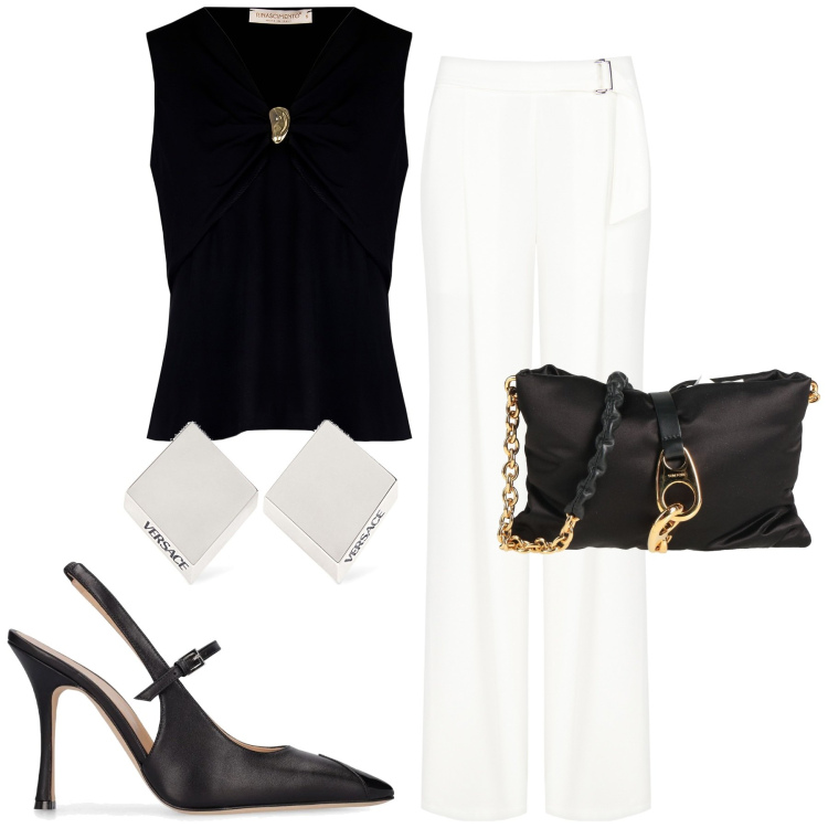 Outfit donna - Top dettaglio gioiello. Stile Minimal per Tutti i giorni. Abbinamento con borse a tracolla, pantaloni, top, orecchini, décolleté.