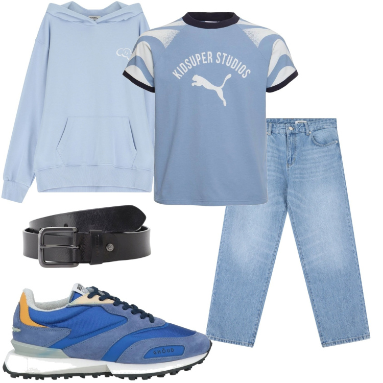 Outfit uomo - Casual per gli amici. Stile Casual per Tutti i giorni. Abbinamento con sneakers, jeans, cinture, felpe con cappuccio, t-shirt.