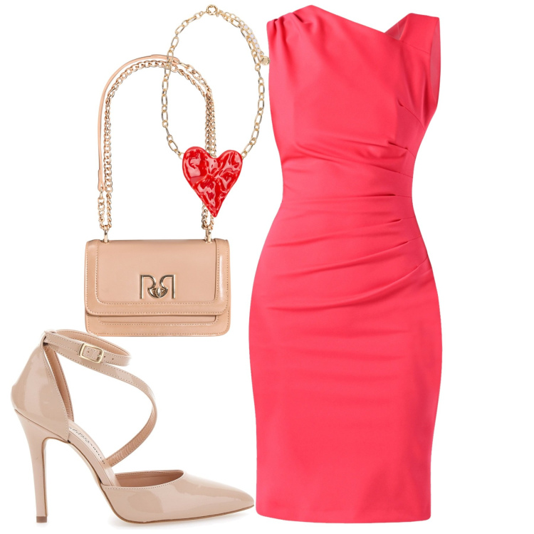 Outfit donna - A cena. Stile Chic per Serata fuori. Abbinamento con vestiti asimmetrici, borse a tracolla, décolleté, ciondoli.