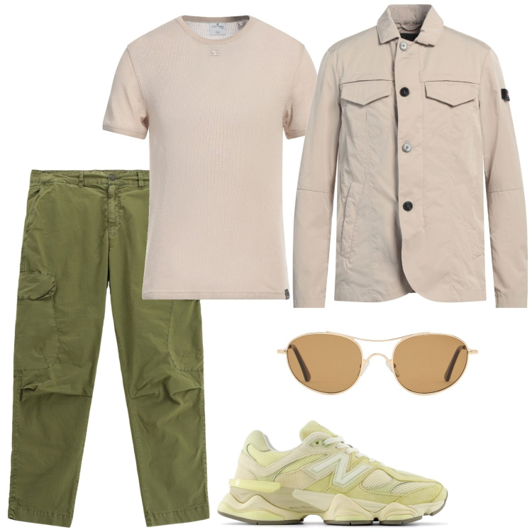 Outfit uomo - Urban giungle. Stile Casual per Tutti i giorni. Abbinamento con t-shirt, giacche, sneakers, pantaloni cargo, occhiali da sole.