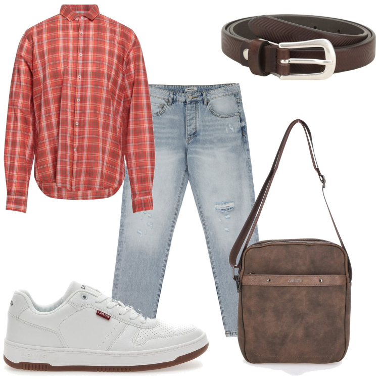 Outfit uomo - Gita in campagna. Stile Casual per Tutti i giorni. Abbinamento con camicie, jeans strappati, cinture, portafogli, sneakers.