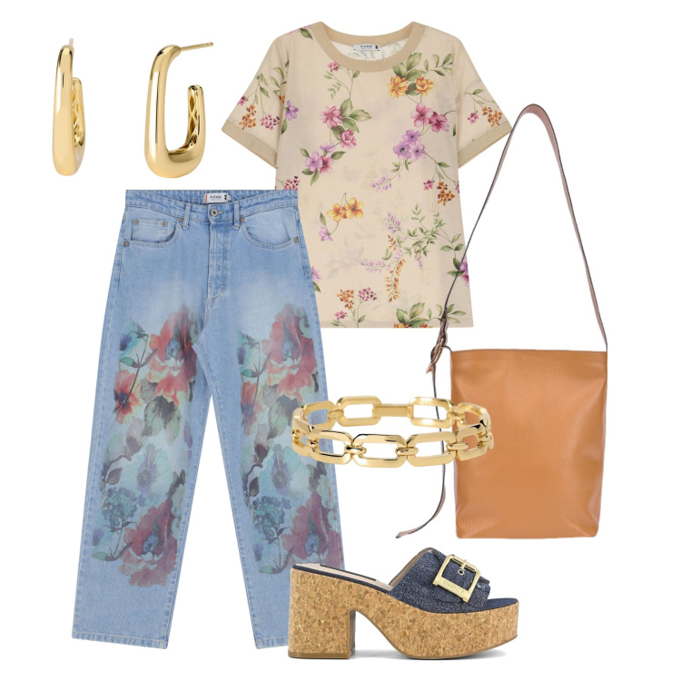 Outfit donna - T-shirt floreale - @danipoetessa73. Stile Casual per Tutti i giorni. Abbinamento con braccialetti, orecchini, t-shirt, jeans dritti, sandali, borse a secchiello.