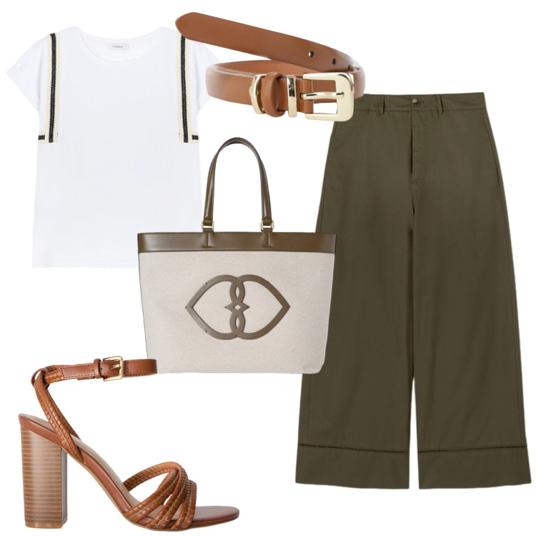 Outfit donna - City. Stile Urban per Tutti i giorni. Abbinamento con cinture, sandali col tacco, shopping bag, t-shirt, pantaloni.