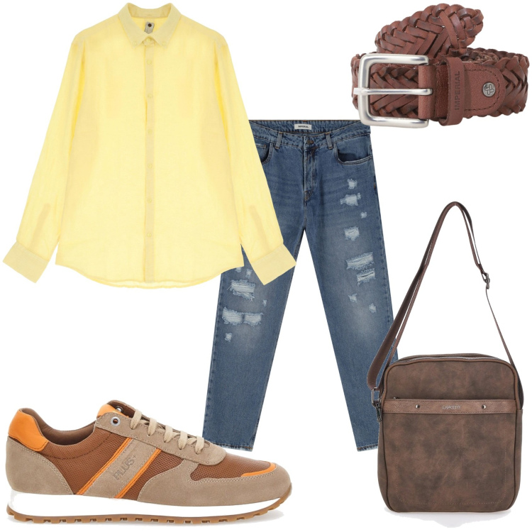 Outfit uomo - In giro con amici veri. Stile Casual per Tutti i giorni. Abbinamento con jeans, cinture, camicie, sneakers, portafogli.