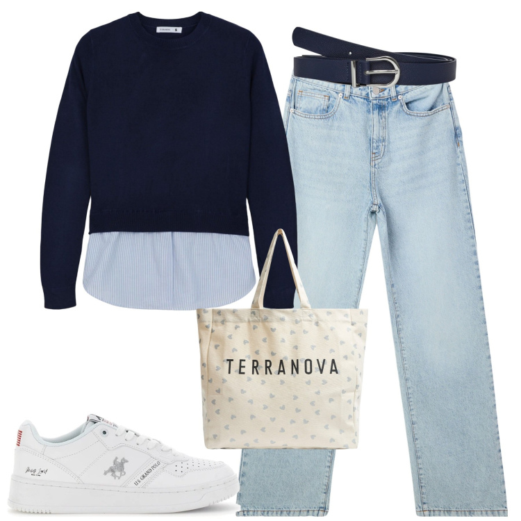 Outfit donna - City. Stile Casual per Tutti i giorni. Abbinamento con jeans dritti, maglieria, shopping bag, cinture, sneakers.