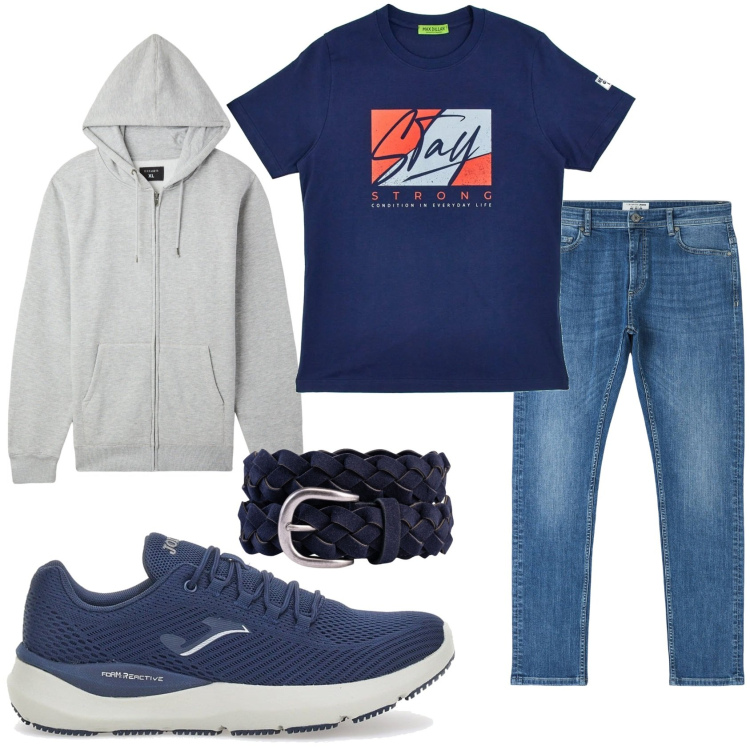 Outfit uomo - Jeans e maglietta per la domenica. Stile Casual per Tutti i giorni. Abbinamento con felpe con cappuccio, jeans skinny, sneakers, cinture, t-shirt.