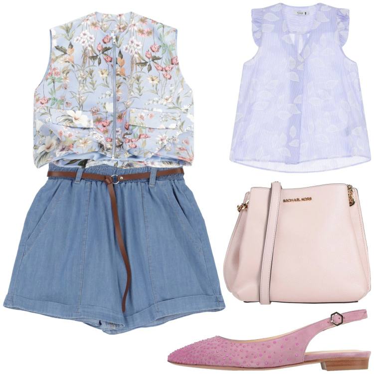 Outfit donna - Look up. Stile Glamour per Tutti i giorni. Abbinamento con ballerine, borse a spalla, shorts, canottiere, gilet.