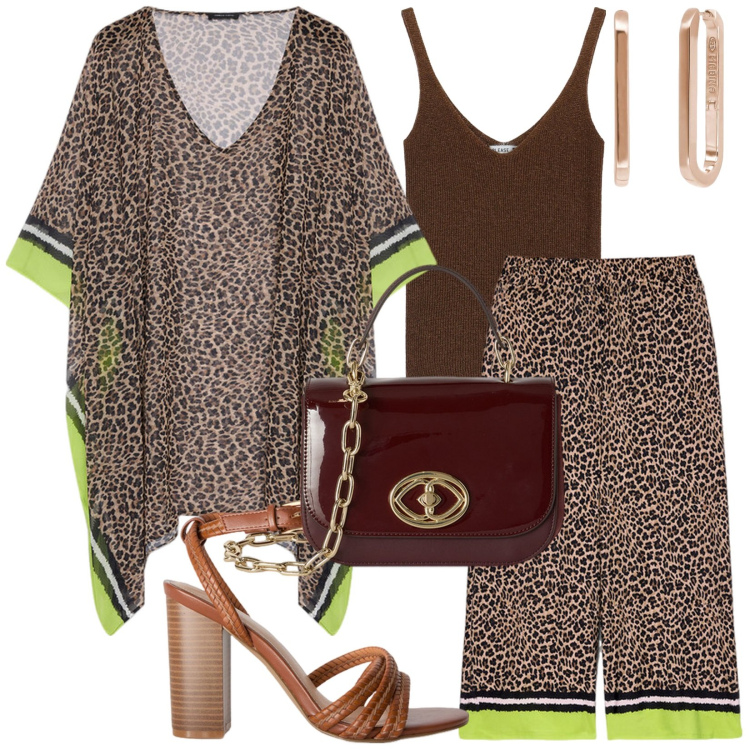 Outfit donna - Il completino animalier. Stile Casual chic per Cerimonia. Abbinamento con orecchini, top, caftani, pantaloni, sandali col tacco, borse a tracolla.