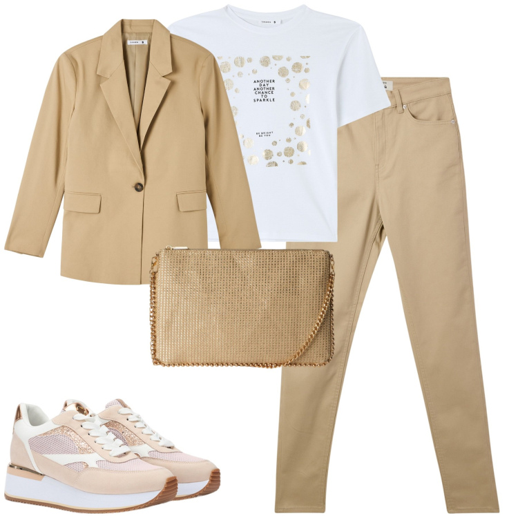 Outfit donna - City. Stile Casual chic per Tutti i giorni. Abbinamento con pantaloni skinny, blazer, borse a tracolla, t-shirt, sneakers.