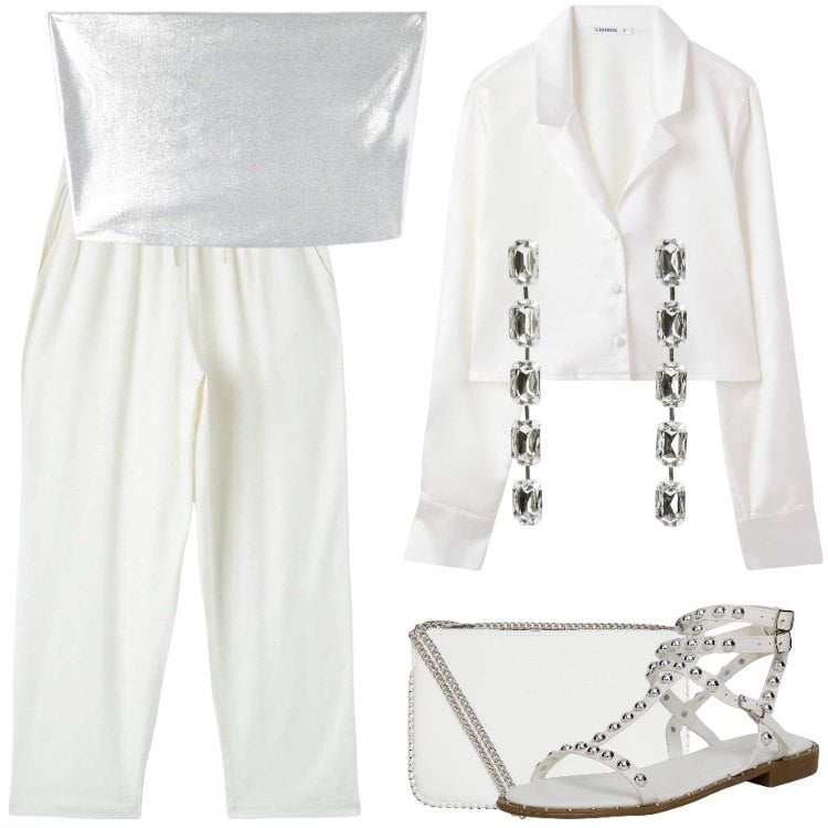 Outfit donna - In bianco e argento. Stile Glamour per Mare. Abbinamento con camicie, top, orecchini, pantaloni, borse a tracolla, sandali.
