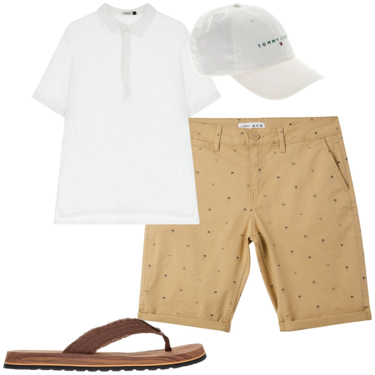 Outfit uomo - Quasi estate. Stile Casual per Tutti i giorni. Abbinamento con pantaloni corti, polo, sandali, cappelli.