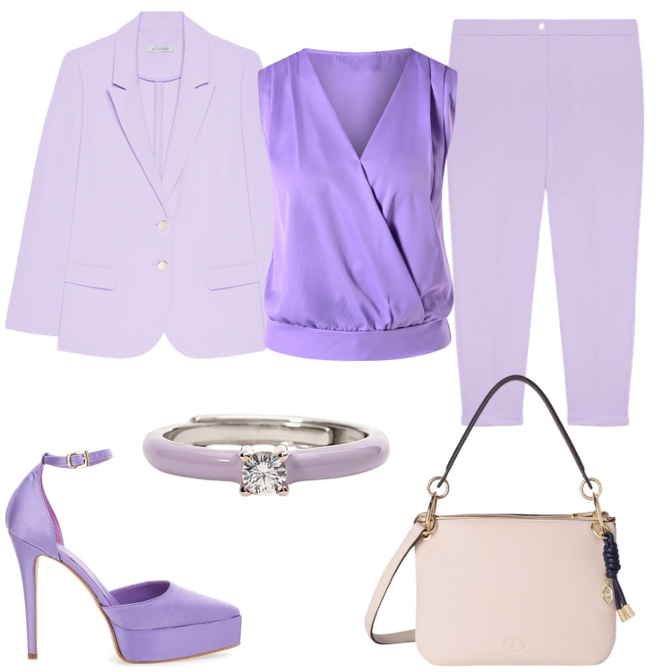 Outfit donna - L\' eleganza del tailleur. Stile Chic per Cerimonia. Abbinamento con anelli, top, blazer, décolleté, pantaloni, borse a tracolla.