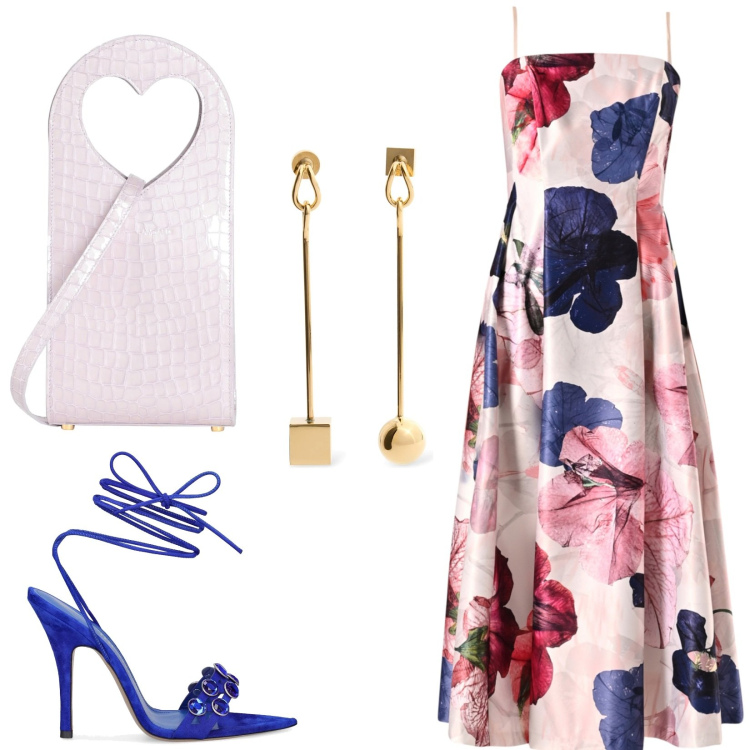 Outfit donna - Fashionista. Stile Glamour per Cerimonia. Abbinamento con borse a mano, vestiti midi/longuette, orecchini, sandali in pelle.