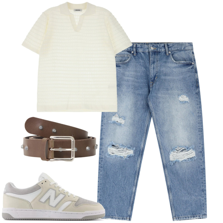 Outfit uomo - City. Stile Casual per Tutti i giorni. Abbinamento con sneakers, jeans strappati, cinture, polo.