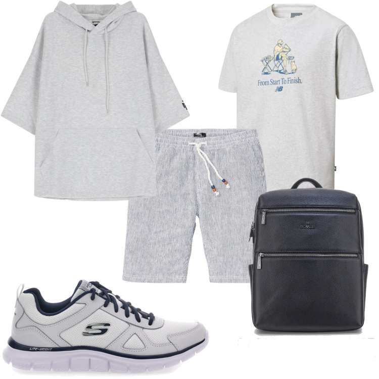 Outfit uomo - Sportivo in grigio. Stile Urban per Tutti i giorni. Abbinamento con bermuda, t-shirt, felpe con cappuccio, sneakers, borse sportive.