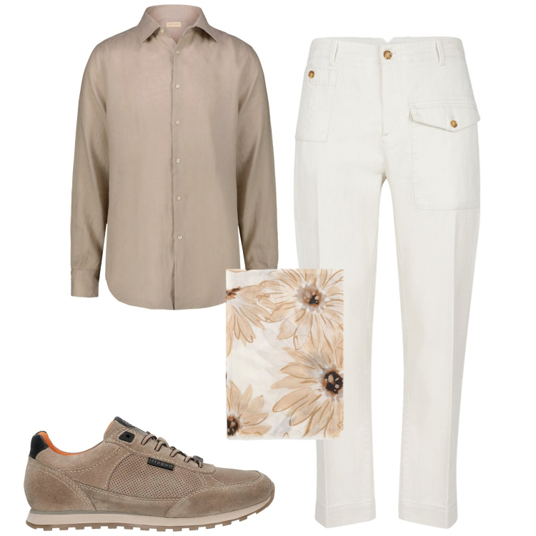 Outfit uomo - City. Stile Casual per Tutti i giorni. Abbinamento con sciarpe e foulard, camicie, sneakers, pantaloni.