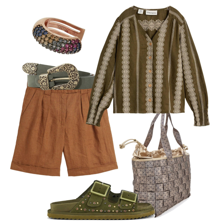 Outfit donna - Comoda in fresco lino. Stile Urban per Tutti i giorni. Abbinamento con bermuda, camicie, cinture, sandali, borse a spalla, orecchini.