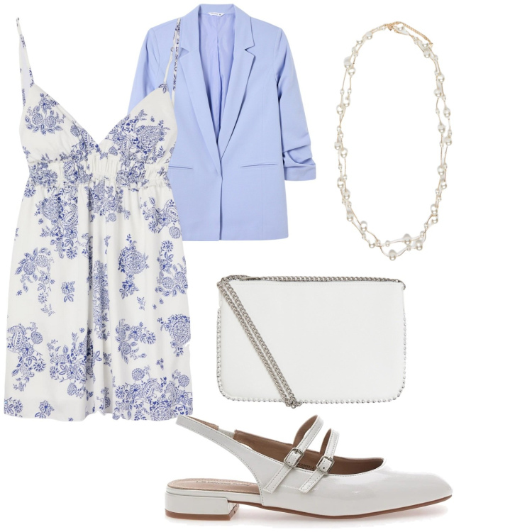 Outfit donna - Leggera primavera. Stile Romantica per Cerimonia. Abbinamento con vestiti corti, blazer, borse a tracolla, ballerine, collane.