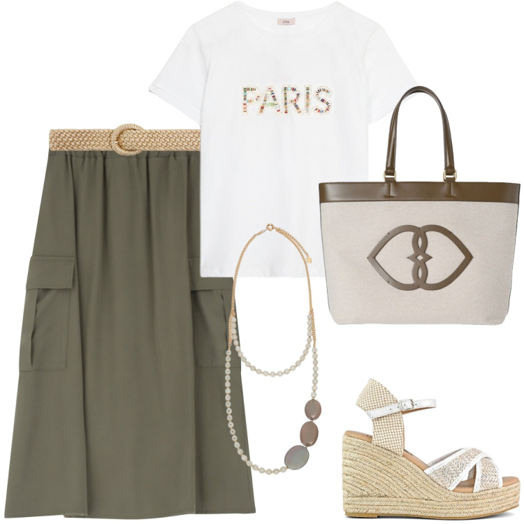 Outfit donna - La mia t-shirt preferita. Stile Basic per Tutti i giorni. Abbinamento con cinture, gonne lunghe, zeppe, t-shirt, collane, shopping bag.