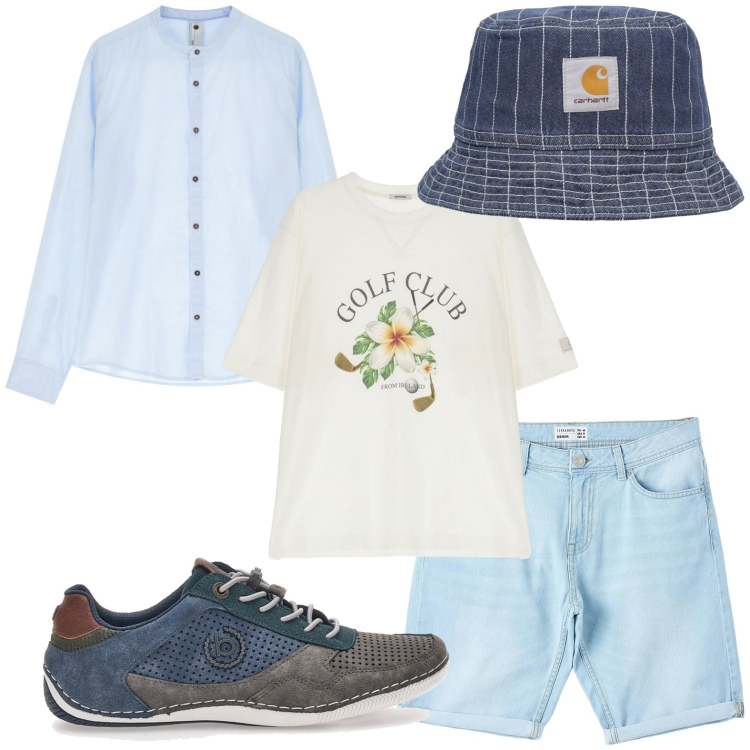 Outfit uomo - Golf club. Stile Casual per Tutti i giorni. Abbinamento con bermuda, t-shirt, camicie, scarpe stringate, cappelli.
