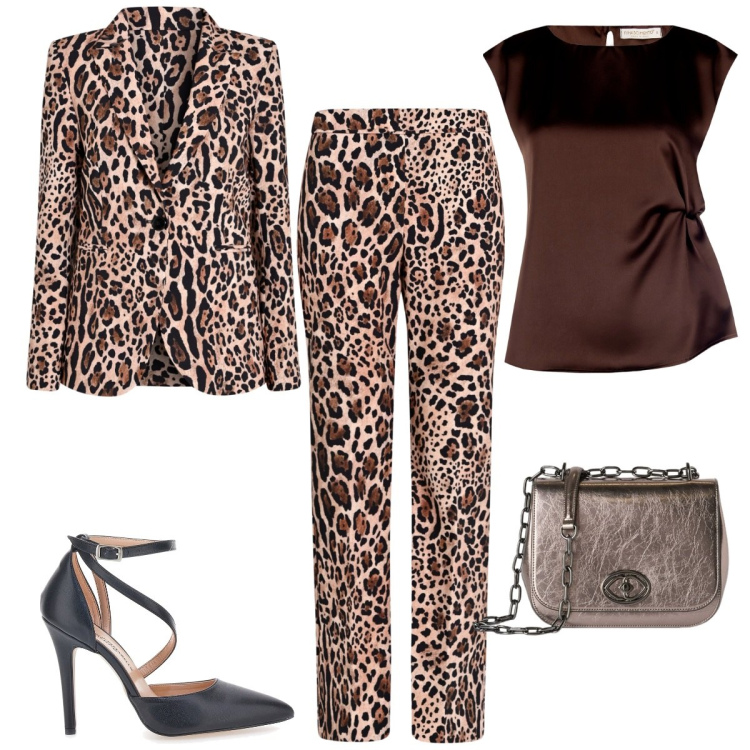 Outfit donna - Animalier. Stile Glamour per Serata fuori. Abbinamento con top, pantaloni, blazer, décolleté, borse a tracolla.
