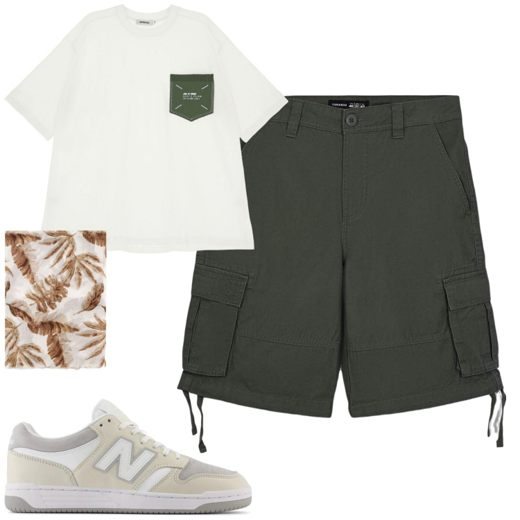 Outfit uomo - Total look #2123085. Stile Casual per Tutti i giorni. Abbinamento con bermuda, sneakers, t-shirt, sciarpe e foulard.