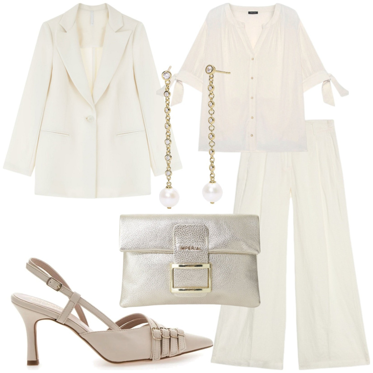 Outfit donna - Il tailleur color panna. Stile Bon Ton per Cerimonia. Abbinamento con orecchini, blazer, pochette, camicie, décolleté, pantaloni a palazzo.