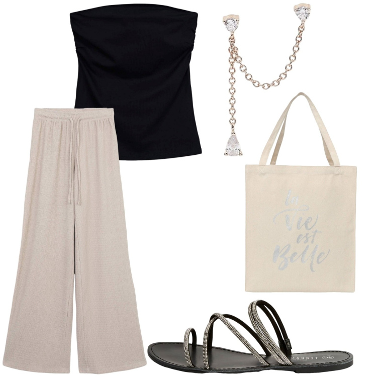 Outfit donna - In vacanza con Terranova. Stile Casual per Mare. Abbinamento con pantaloni, borse tote, top, sandali, orecchini.