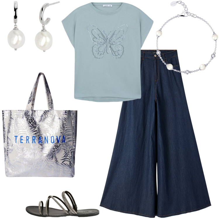 Outfit donna - La mia t-shirt preferita. Stile Casual per Tutti i giorni. Abbinamento con t-shirt, borse tote, jeans, sandali, orecchini, braccialetti.