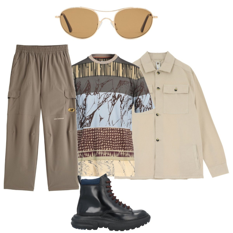 Outfit uomo - Safari metropolitano. Stile Urban per Tutti i giorni. Abbinamento con t-shirt, stivali e stivaletti, pantaloni, camicie, occhiali da sole.
