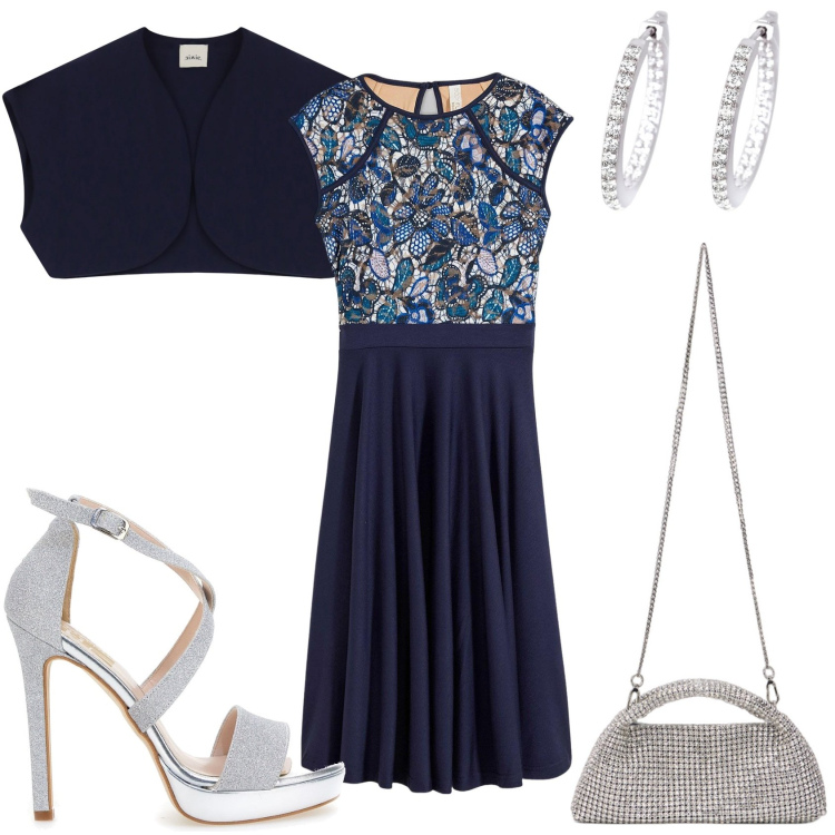 Outfit donna - Cerimonia di sera. Stile Chic per Cerimonia. Abbinamento con vestiti midi/longuette, orecchini, gilet, sandali col tacco, clutch.